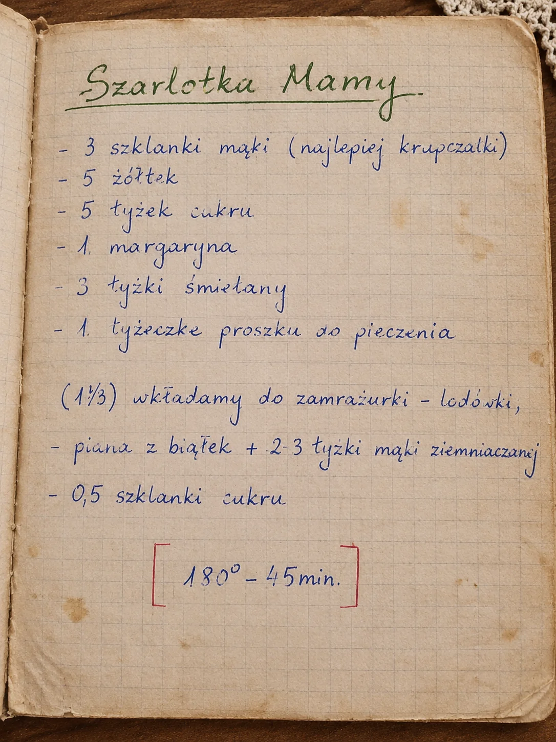 Oryginalna strona notesu mamy z odręcznymi składnikami szarlotki